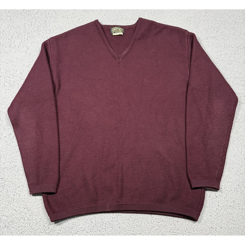 Vintage Skitique Sweater Mens Large Red‎ Wool V Neck Thermal Waffle Knit Japan